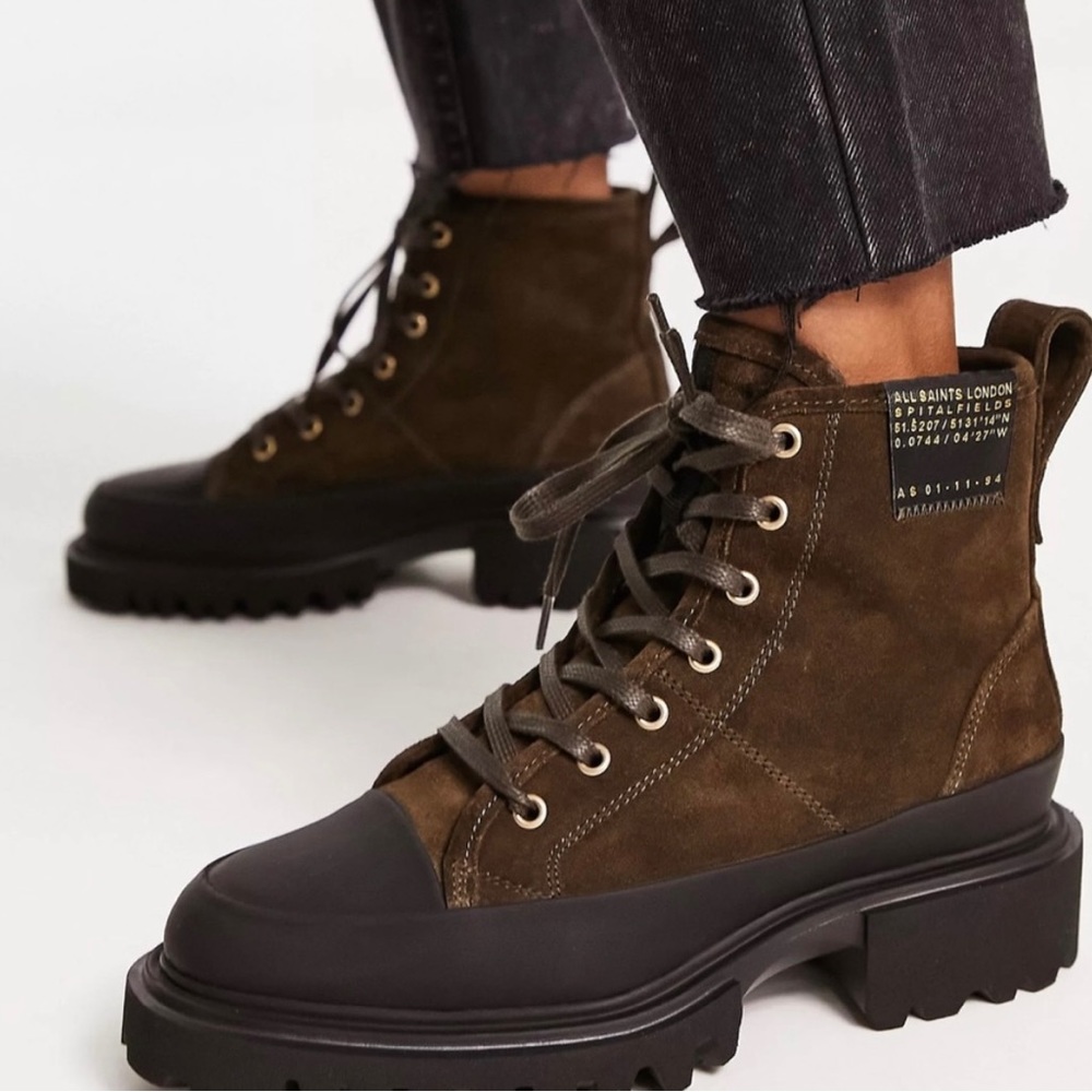 NWT All Saints Myla suede boot in olive/brown with black trim